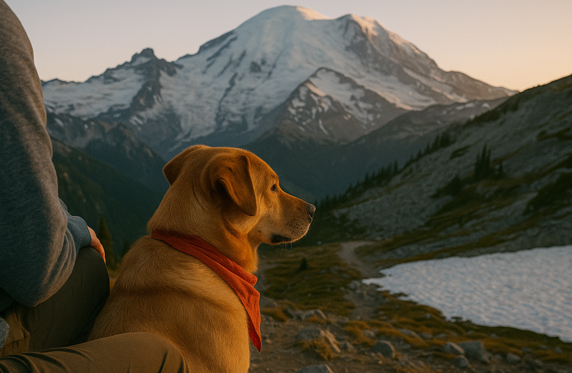 Rescue dog and owner on a wildflower meadow trail near Mount Rainier at sunrise
